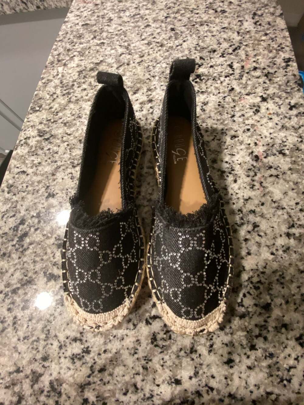Rouge Helium Rhinestone Logo Pattern Black Denim Espadrille Flats